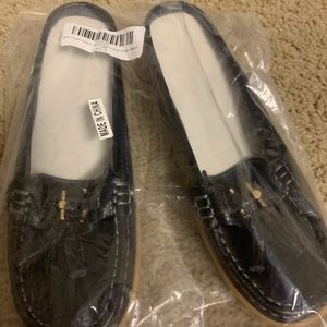 Womens black slide in loafers.